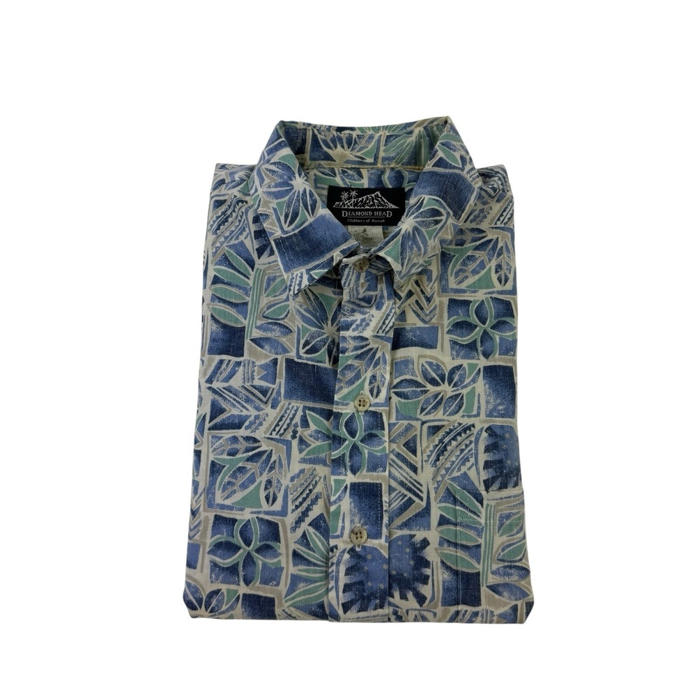 Diamond Head Blue Gray‎ Floral Hawaiian Shirt Made in Hawaii Men's Medium